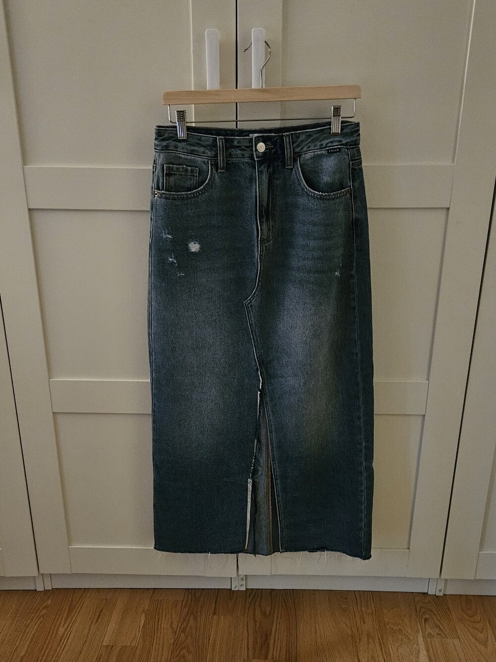 Cello Dark Blue Denim Midi Skirt with Front Slit
